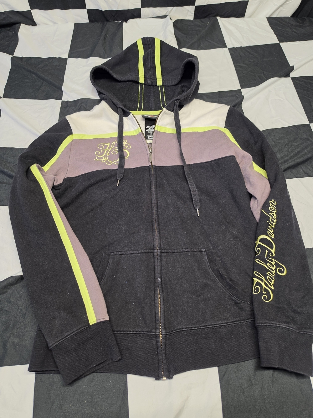 Harley-Davidson Black Zip-Up Hoodie with Lime & Mauve Accents